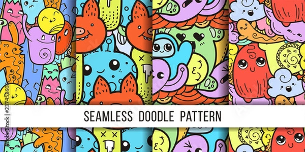 Fototapeta Collection of funny doodle monsters seamless pattern for prints, designs and coloring books