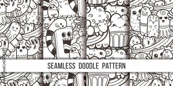 Fototapeta Collection of funny doodle monsters seamless pattern for prints, designs and coloring books