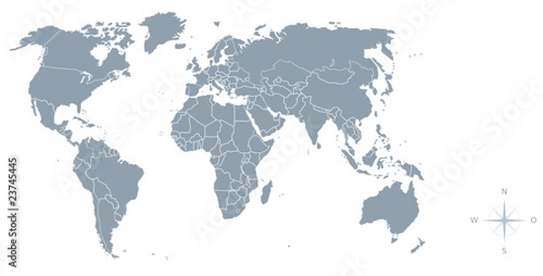 Obraz mapa świata z granicami, kompas