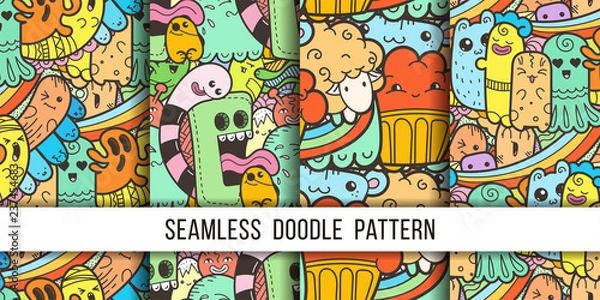 Fototapeta Collection of funny doodle monsters seamless pattern for prints, designs and coloring books