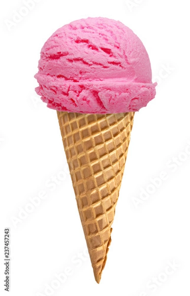 Fototapeta Strawberry and Vanilla ice cream scoops on cone isolated on white background