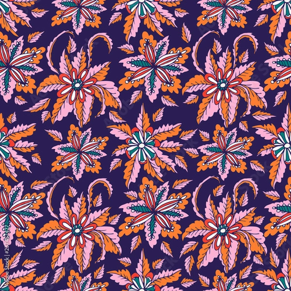 Fototapeta Colorful hand drawn doodle floral seamless pattern.  Abstract tropical fantasy flowers, leaves, hawaiian pattern. Cartoon flora. Vector background.