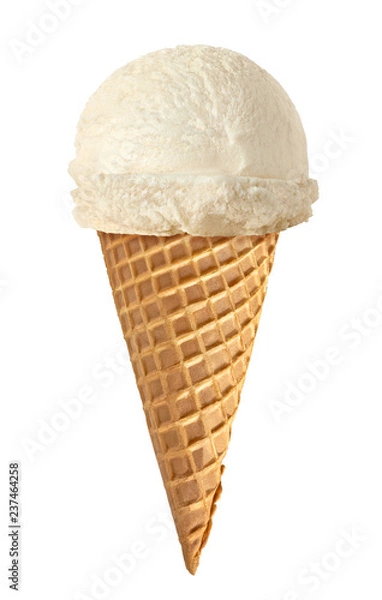 Fototapeta Vanilla ice cream scoop in waffle cone isolated on white background