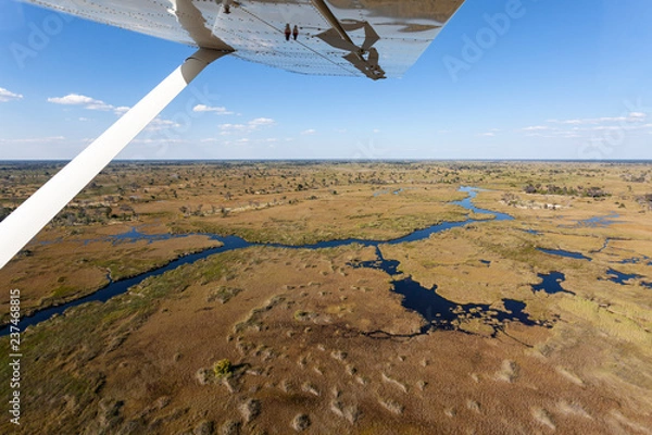 Fototapeta scenic flight above botswana with small bush plane at okavango delta