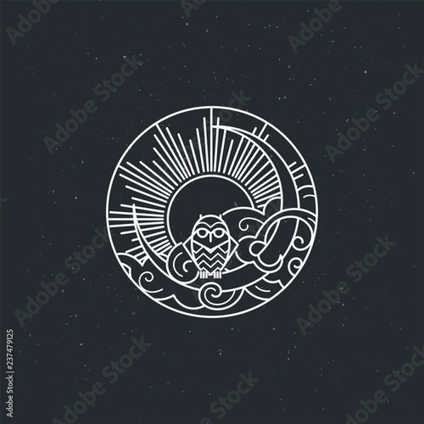 Fototapeta Vintage illustration of thin line owl icon with owl
