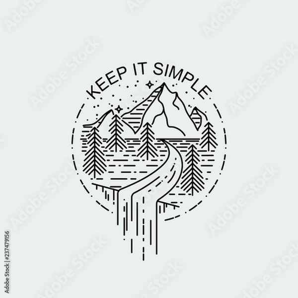 Fototapeta Keep it Simple. Night mountains with waterfall. Nature exploration vector vintage poster. Modern flat linear vector illustration