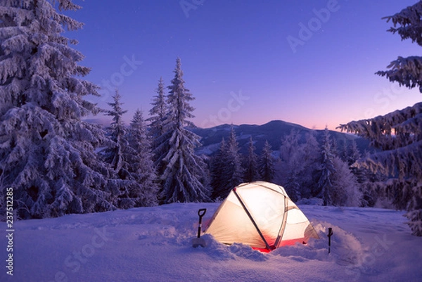 Obraz Tourist tent in winter forest at the night
