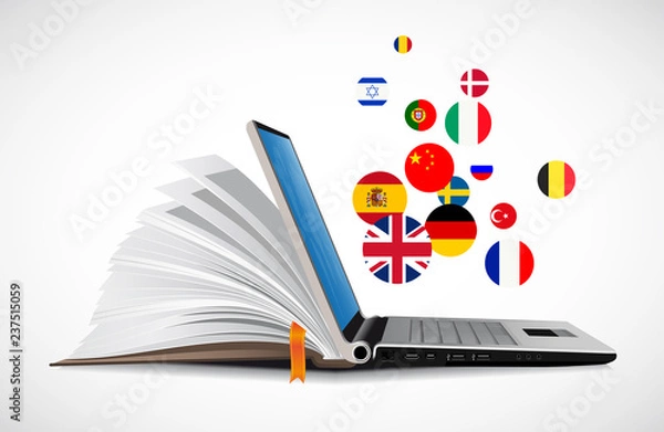 Obraz Laptop and book as online dictionary - e-learning online language learning system 