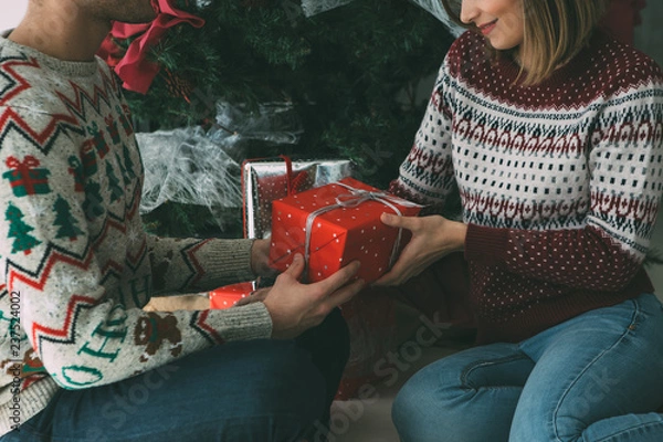 Obraz Young woman give Christmas present to man