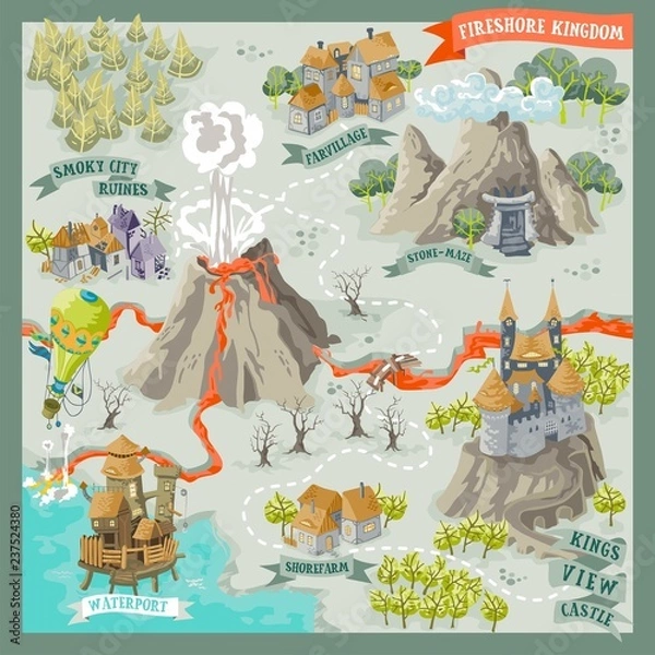 Obraz Fantasy land adventure map for cartography with colorful doodle hand draw in vector illustration