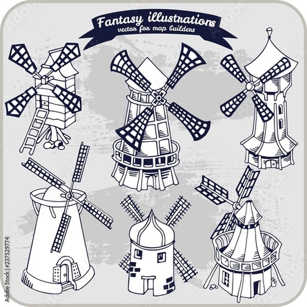 Fototapeta Fantasy illustration of Windmill for map building in hand draw vector format, black and whit, monochrome