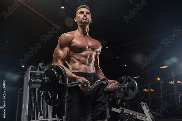Fototapeta Handsome man with big muscles, posing at the camera in the gym
