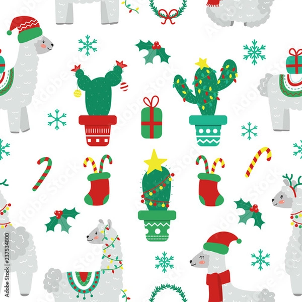 Fototapeta Seamless Christmas pattern with llama alpaca, sock, snowflakes, wreath. Flat cartoon style. Vector illustration.