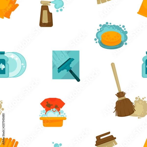Fototapeta Cleaning service, tools and instruments seamless pattern vector