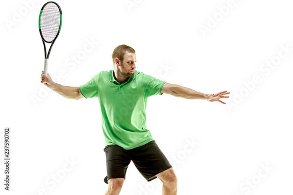 Fototapeta The one caucasian man playing tennis isolated on white background. Studio shot of fit young player at studio in motion or movement during sport game..