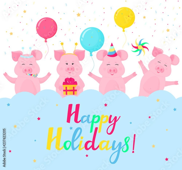 Fototapeta Śmieszne świnie na imprezie. Wesołych Świąt odręczny napis. Projekt karty z pozdrowieniami. Pudełko prezentowe, czapka w paski, gwizdek, wiatraczek.