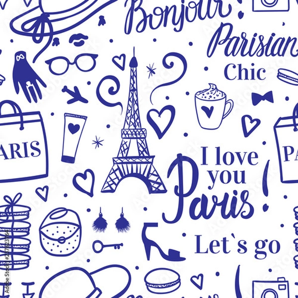 Fototapeta Paris Fashion sketch seamless pattern with lettering, type elements parisian chic. Vector blue handdrawn on white background.
