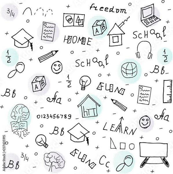 Obraz Home education doodle style vector illustration with hand drawn lettering.