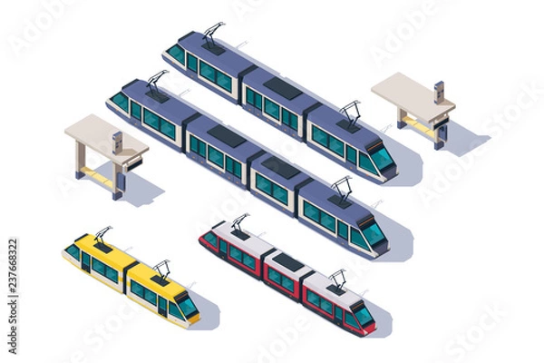 Obraz Isometric 3d set passenger tram with station elements.