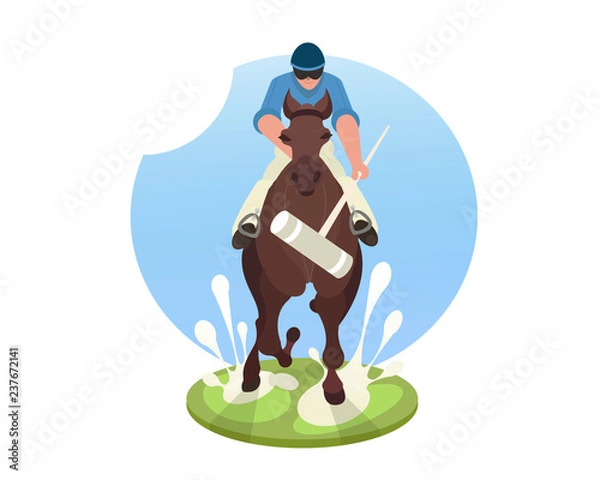 Obraz Players playing polo on green field.  Polo horse and player, the king of sports, hockey on horseback, , long-handled mallet, team sport, polo pony. Isolated illustration on a white background