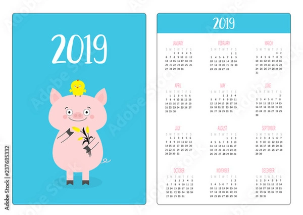 Fototapeta Pig piggy and chicken. Simple pocket calendar layout 2019 new year. Week starts Sunday. Cute cartoon character. Vertical orientation. Flat design. Blue background.