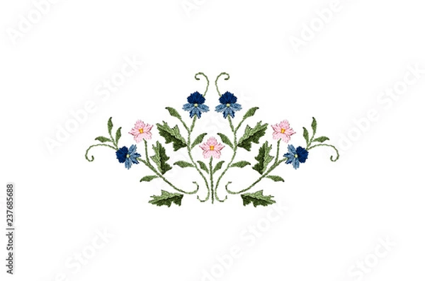 Fototapeta Pattern for embroidery bouquet of blue-bluish and pink flowers on twisted stems with leaves on a white background



