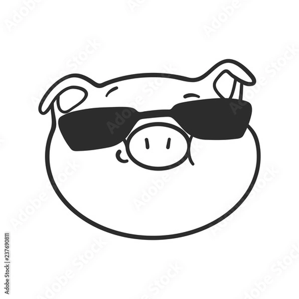 Obraz Cool emoticon icon. Emoji pig is wearing a black sunglasses.