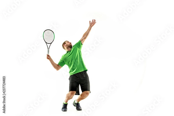 Fototapeta The one caucasian man playing tennis isolated on white background. Studio shot of fit young player at studio in motion or movement during sport game..