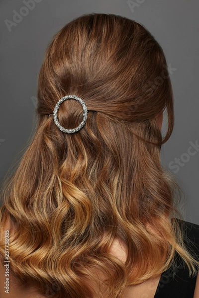 Fototapeta Close up isolated portrait of a young lady with brown ombre hair colour. The back view of the girl with half-up hairstyle, adorned with silver O-ring barrette. Posing against the grey background.