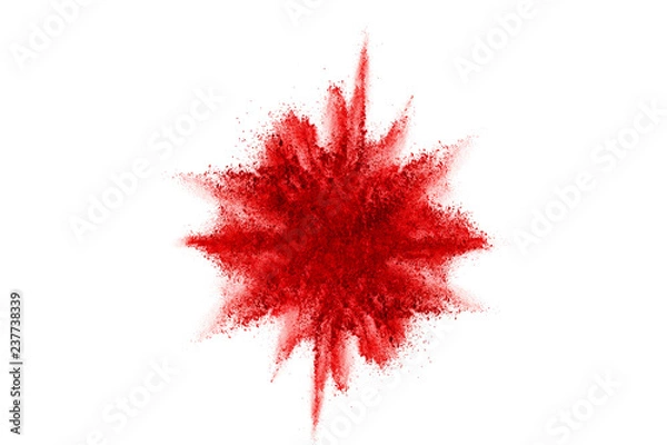 Fototapeta Freeze motion of red powder exploding, isolated on white background. Abstract design of red dust cloud. Particles explosion screen saver, wallpaper