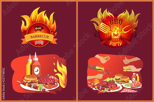 Fototapeta Barbecue Grill Party Emblems in Flame and Food