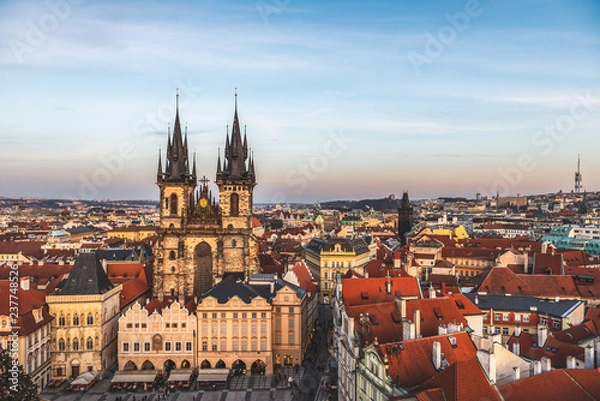 Fototapeta View on Prague panorama with red roofs and historic architecture from staromestska radnice, Old Town Hall, Czech Republic