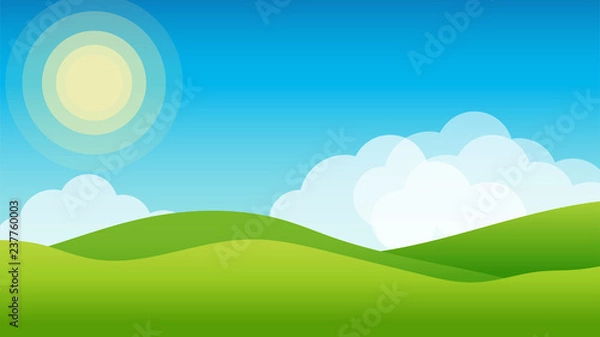 Fototapeta Landscape with hills, clouds and sun. Scenery vector illustration.