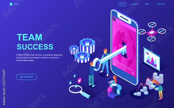 Fototapeta Modern flat design isometric concept of Team Success decorated people character for website and mobile website development. Isometric landing page template. Vector illustration.