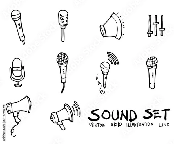 Fototapeta Set of Sound icon Drawing illustration Hand drawn doodle Sketch line vector eps10