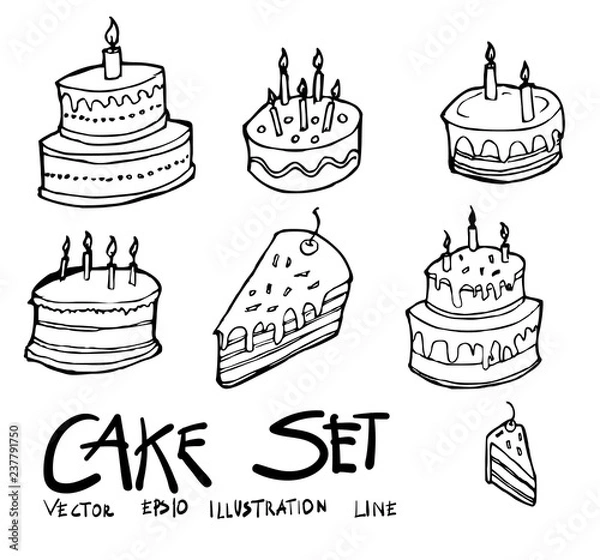 Fototapeta Set of Birthday cake icon Drawing illustration Hand drawn doodle Sketch line vector eps10
