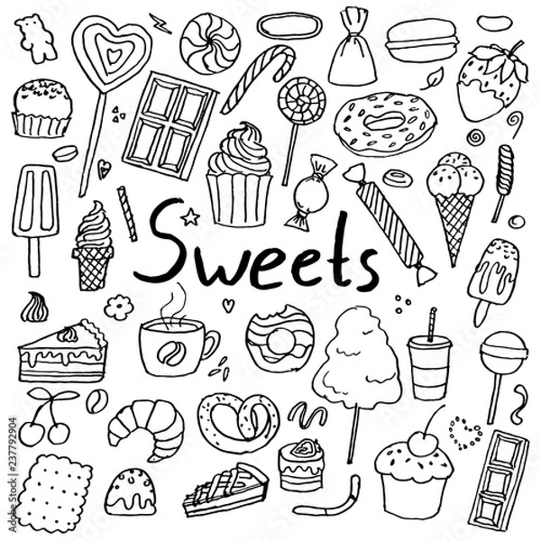 Fototapeta Set of hand drawn doodle sweets. Chocolate, candy, cake, ice cream and other. Collection of design elements