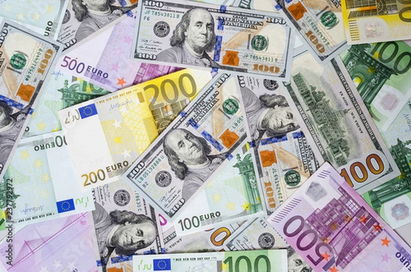 Obraz euro banknotes and dollars randomly laid out 4
