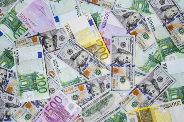Obraz euro banknotes and dollars randomly laid out 5