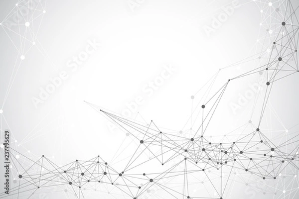 Fototapeta Geometric abstract background with connected line and dots. Network and connection background for your presentation. Graphic polygonal background. Scientific vector illustration.