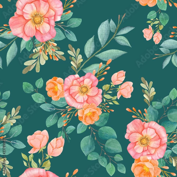 Fototapeta seamless watercolor background mix colorful floral flower and leaves with line art used for background texture, wrapping paper, textile or wallpaper design
