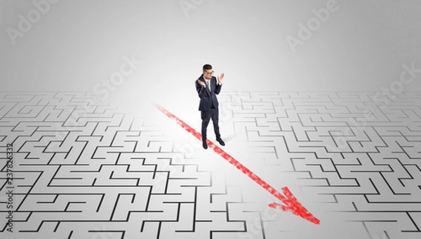 Fototapeta Businessman going through the maze with red arrow
