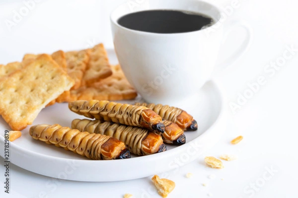 Obraz Insects as snacks like cookies. The concept of protein food sources from insects. It is a good source of protein, vitamin B12, and fiber, it is low in fat.