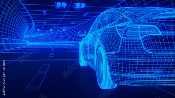 Fototapeta Blue wireframe Modern Electric car rides through Blue tunnel 3d rendering