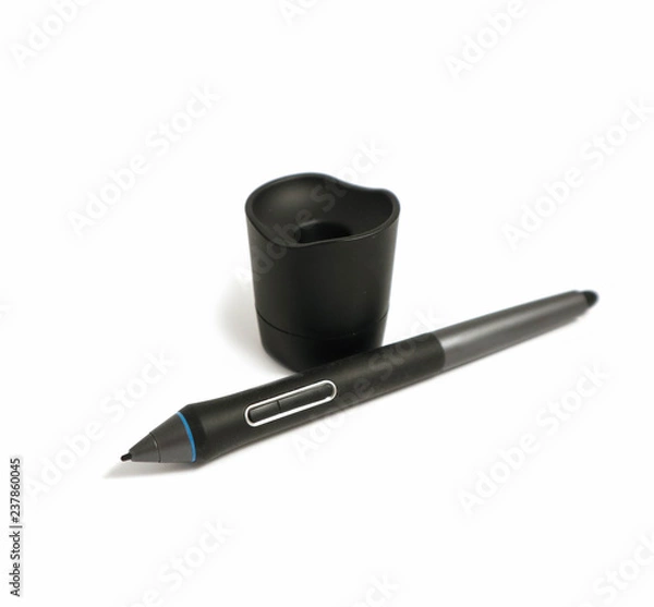 Obraz Electronic drawing pencil, isolated on a white background. Digital designer's graphic stylus, macro view.