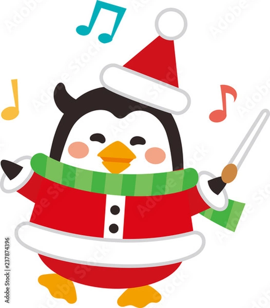 Obraz クリスマス素材、指揮棒をふるかわいいサンタペンギン、ベクターイラスト素材