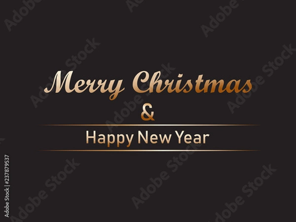 Fototapeta Merry Christmas and happy new year greeting card with gold text on black background