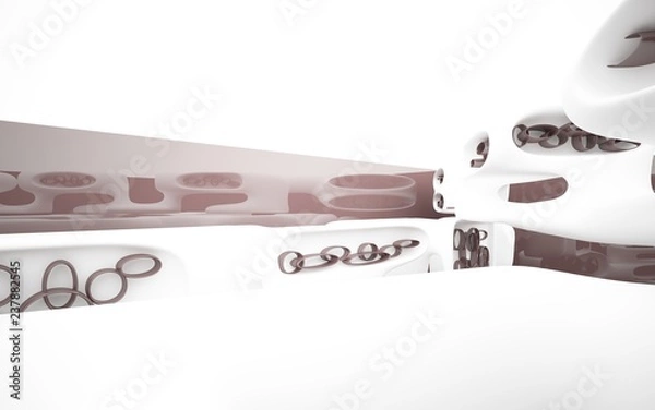 Fototapeta Abstract dynamic brown interior with white smooth objects . 3D illustration and rendering