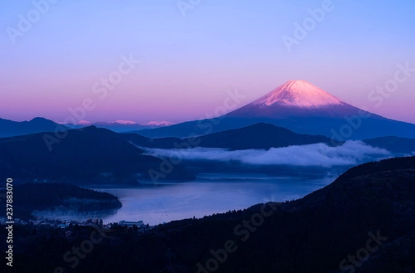 Obraz 富士山と芦ノ湖の朝焼け