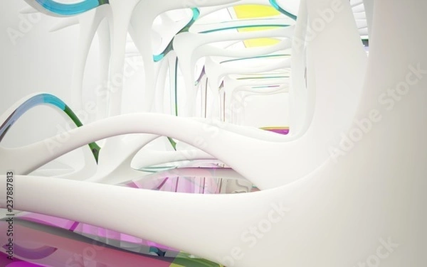Fototapeta Abstract dynamic interior with white smooth objects and  colored glass lines. 3D illustration and rendering